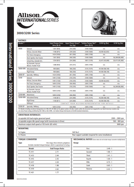 3000 Series Transmissions Specification Sheet (3000/3200)