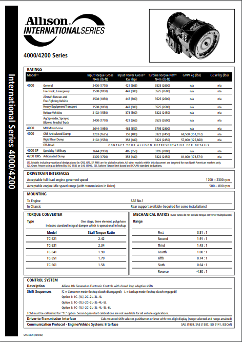4000 Series Transmissions Specification Sheet (4000/4200)